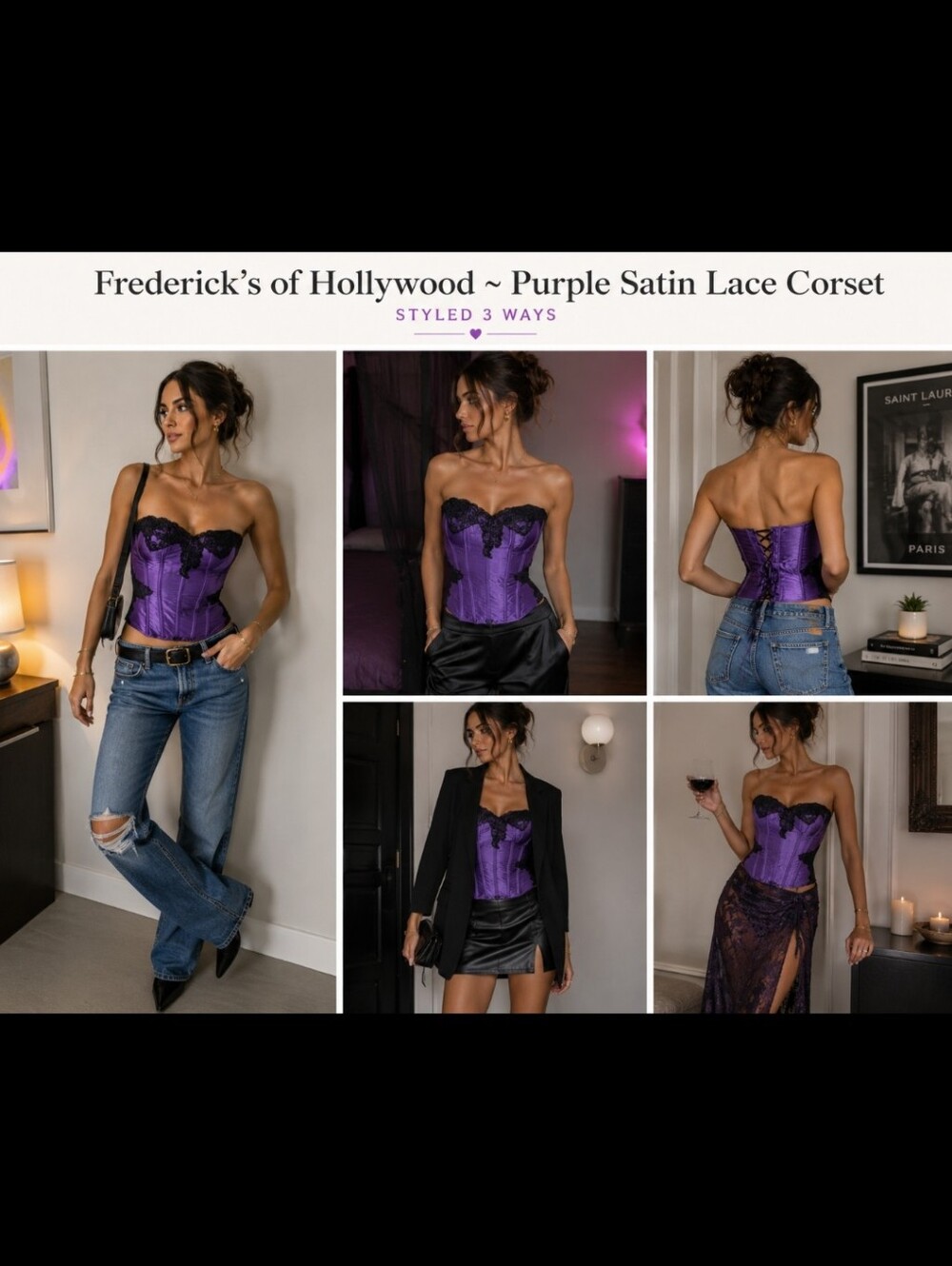 Frederick’s of Hollywood ~ Purple Satin Lace Strapless~Laceup Corset – Size 34